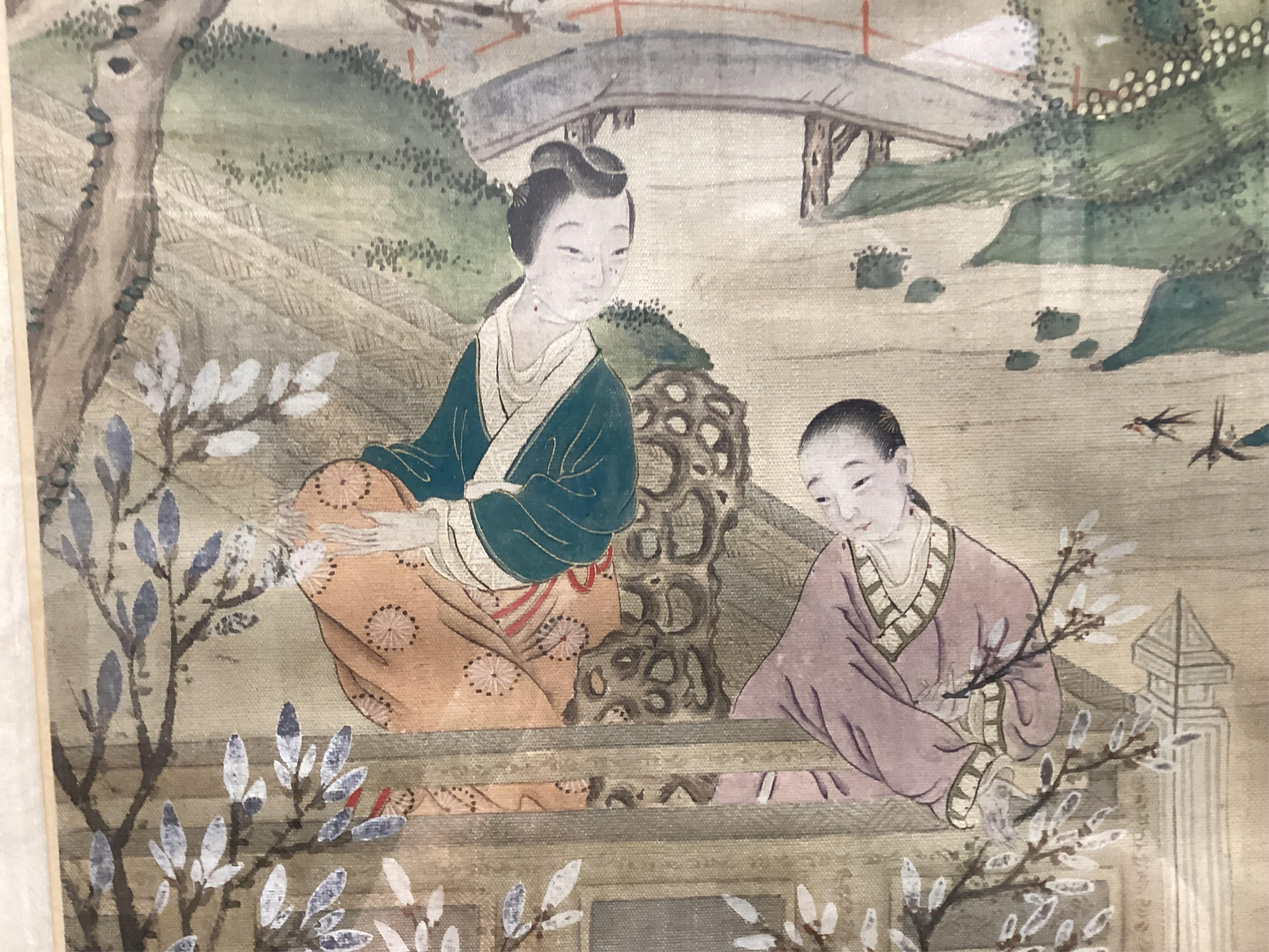 Chinese School , (late 19th century), Ladies in a garden, Ink and colour on silk, 107cm x 41cm, excluding brocade border